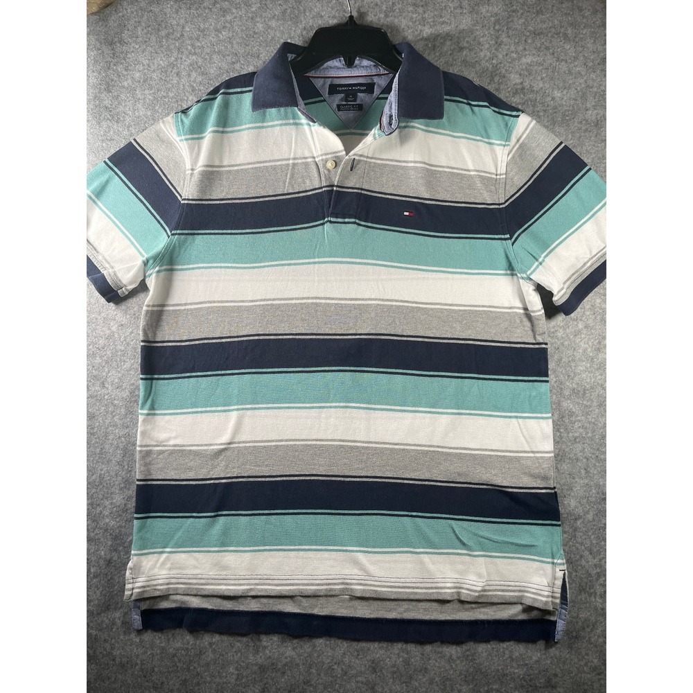 Tommy Hilfiger Polo Shirt Mens Medium Custom Fit Stripes 2 Button Short Sleeve